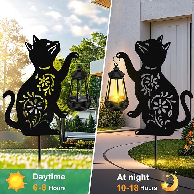 ZFNN Solar Garden Statues Cat Decor - Outdoor Metal Lantern Silhouette Stake, Waterproof Solar Lights for Yard Patio Lawn Pathway Art Decoration, Unique Gardening Gifts for Women Mom Cat Lovers
