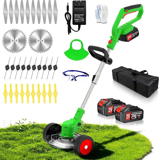 Cordless Weed Wacker Electric Stringless Eater 21V Battery Powered Lightweight Portable Weed Trimmer, 3-in-1 Lawn Edger/Grass Trimmer/Brush Cutter with 4 Types Blades & Wheels for Yard and Garden