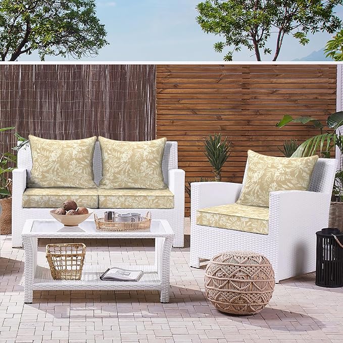 LVTXIII Outdoor Deep Seat Cushion Patio Seat and Back Cushion Set Seasonal Chair Cushion with Removable Cover and Adjustable Buckle for Home and Garden, 24"x24"x4", Tropical Leaf Oat