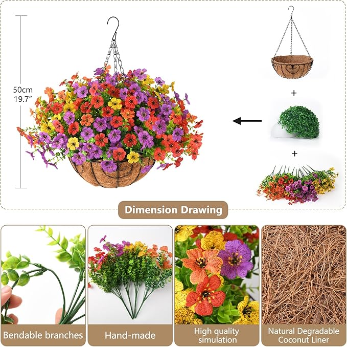 ZFProcess Artificial Faux Hanging Plants Flowers Basket for Spring Summer Outdoor Decoration, Fake Silk Daisy in Planter Realistic UV Resistant Look Real for Porch Home Patio Balcony Yard(Multicolor)
