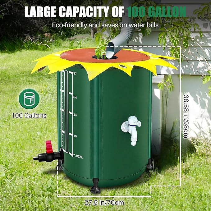 100 Gallon Collapsible Rain Barrel, Rain Water Collection Barrel with 1000D Oxford Cloth, Portable Rainwater Collection System with Spigot and Overflow Kit
