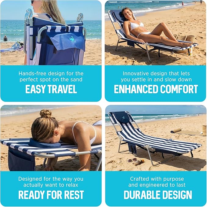Ostrich the Backpack Chaise Lounge, Folding & Reclining Outdoor Beach Chaise Lounger Chair for Lawn, Pool, Patio, Garden, and Yard, Blue Stripe