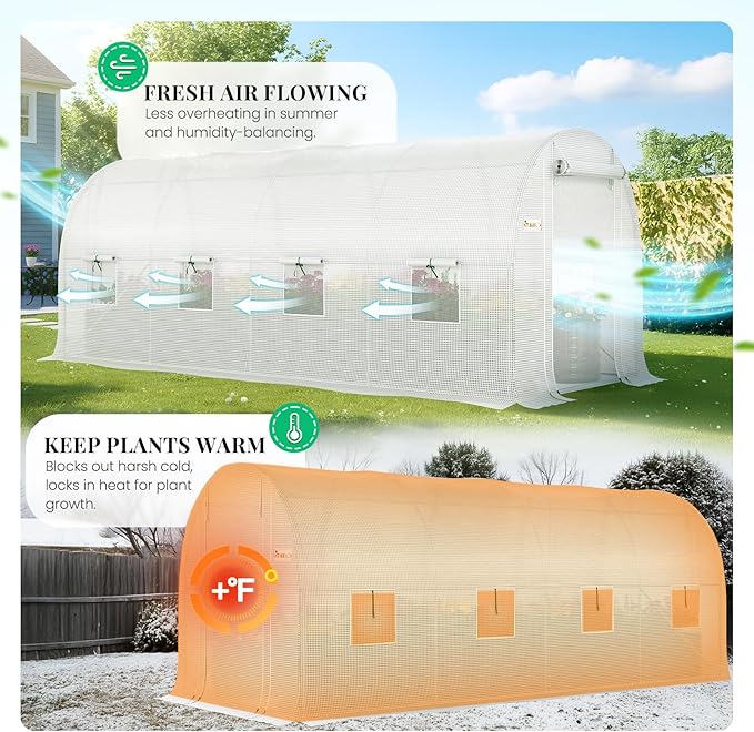 KING BIRD Premium 15x7x7 FT Greenhouse for Outdoors, Large Walk-in Heavy Duty Galvanized Steel Frame, Mesh Door Screen Window Tunnel Hoop Garden Plant Winter Hot House with Irrigation Kit, White