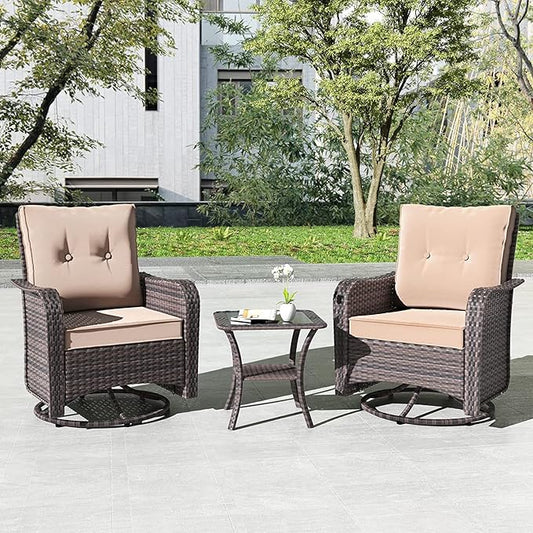 Kullavik 3 Pieces Patio Furniture Set,Outdoor Swivel Glider Rocking Chairs Set,Front Porch Furniture Patio Conversation Sets with Side Table for Balcony Deck Backyard,Sand