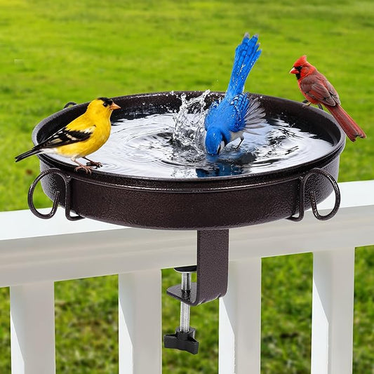 Deck Mounted Bird Bath 12 Inches,with Adjustable Metal Clamp Up to 3.4 Inches,Wall Mount Bird Bath for Railing,Fence,Patio