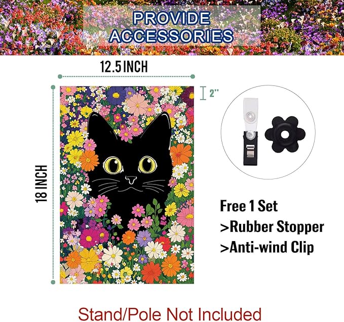 Baccessor Spring Summer Funny Cat Garden Flag Double Sided 12.5 x 18 Inch Funny Black Cat Flower Floral Welcome Small Yard Flag Burlap Seasonal Yard Outdoor Outside Decoration