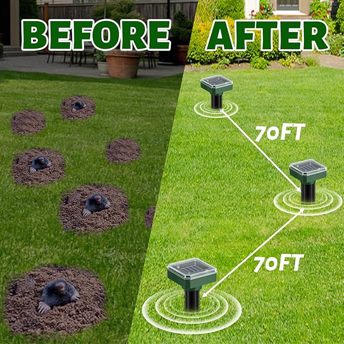 Mole Repellent Solar Powered 10 Pack, Ultrasonic Gopher Vole Deterrent Stakes for Yard & Garden, IP44 Waterproof Snake Repellent Outdoor, Effective Sonic Spikes for Groundhog, Skunk & Rodent Control