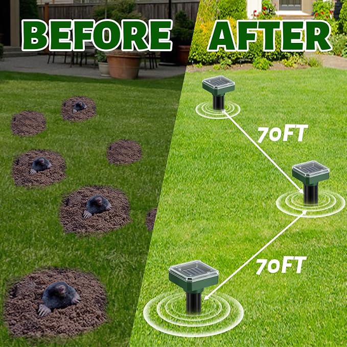 Mole Repellent Solar Powered 10 Pack, Ultrasonic Gopher Deterrent Stakes for Lawn & Garden, IP44 Waterproof Sonic Spike for Snake Vole Groundhog Chipmunk, Outdoor Pest Control for Yard Coverage