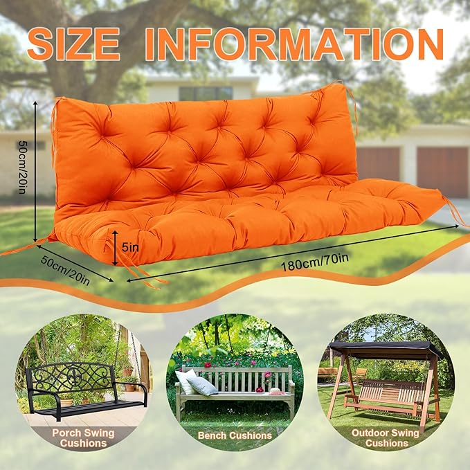 Premium 5" Thick Waterproof Porch Swing Cushions Sturdy Durable 3 Seat Replacement Outdoor Swing Cushions with Backrest&Ties Bench Cushion for Outdoor Furniture Backyard Patio Garden (Orange)