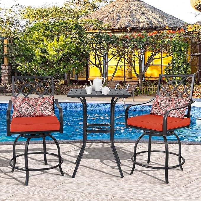 Patio Bar Table, Outdoor Bar Height Bistro Table with Umbrella Hole, Metal Frame and Slat Design, Black