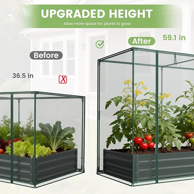 DoCred Crop Cage with Raised Garden Bed, 84.6" x 45.3" x 59" Plant Protection Tent Garden Cages with Window, 2 in 1 Galvanized Raised Garden Bed Kit and Mesh Cover for Garden, Yard, Lawn