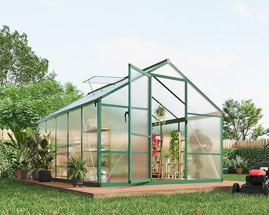 8x10 ft Greenhouse for Outdoors, Polycarbonate Greenhouse with Roof Vent, Ground Nails, Lockable Push Door, Aluminum Large Walk-in Green House for Outside Garden Backyard, Patio, Lawn, Green
