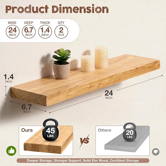 fuqing Floating Shelves for Wall, 24 Inch Rustic Solid Elm Wood Shelves