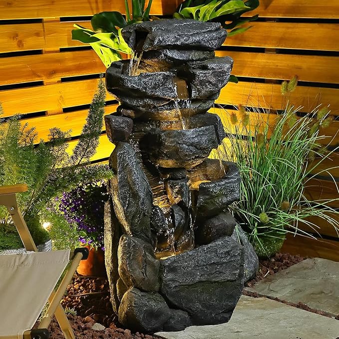 Bumilgar Water Features Outdoor Patio 6-Tier Cascading Rock Water Fountain 31.5''Water Fall Fountain Outside Resin Fountain with Light Mossy Rock Floor Garden Fountain Indoor for Relaxation Home Decor