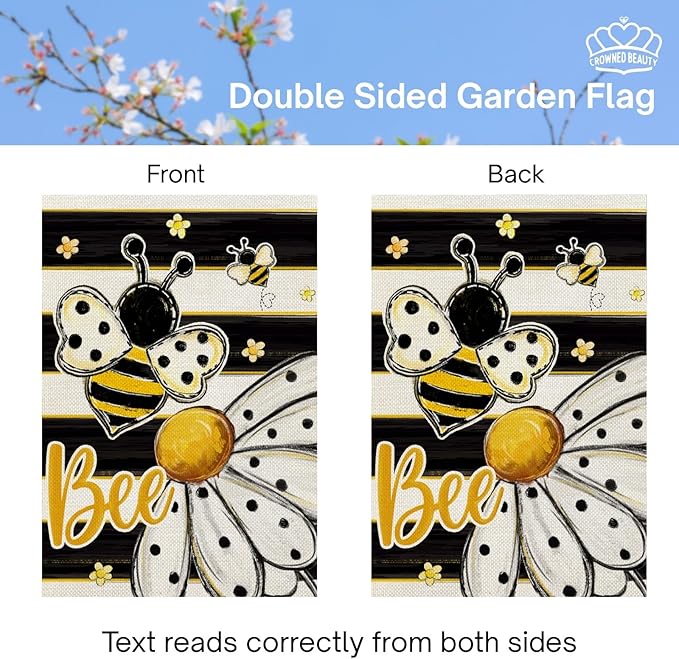 CROWNED BEAUTY Spring Summer Garden Flag Daisy Bee 12x18 Inch Double Sided Small Floral Seasonal Holiday Decoration for Outdoor Lawn Yard