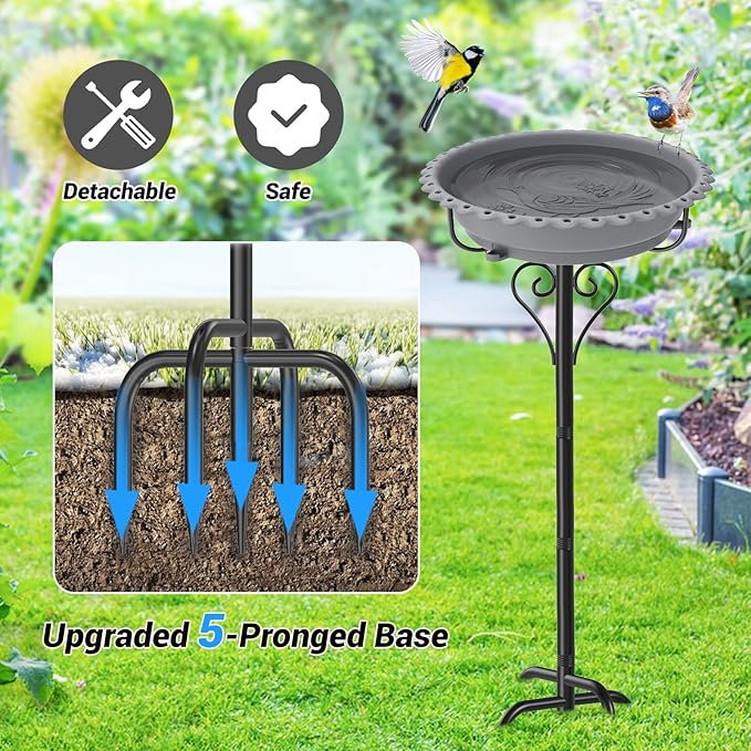 Birdbaths for Outdoors,40In Garden Birdbath with 12" Removable Plastic Bowl,Bird Baths Feeder with Sturdy 5 Prongs Base for Outdoor Garden Patio Yard Lawn Decor (Gray)