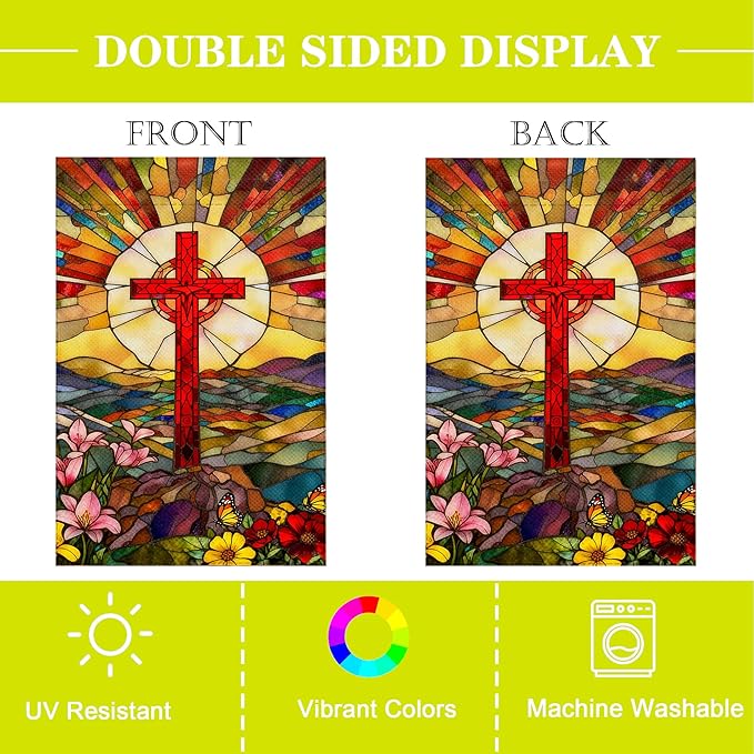 Christian Cross Religious Garden Flag Double Sided Jesus Stained Glass Style four season Garden Flag,Christ Garden Flags for Outside Lawn House Outdoor Yard Sign Garden Decor 12x18 Inch