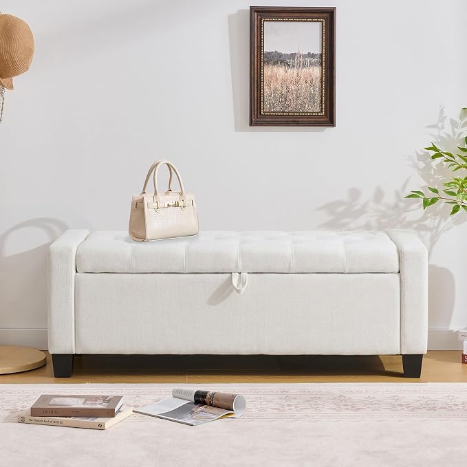 Huatean Home 43" Ottoman with Storage, White Storage Ottoman Bench | Upholstered Entryway Bench with Seating for Bedroom, Living Room, with Safety Hinge, Holds up to 330 lb