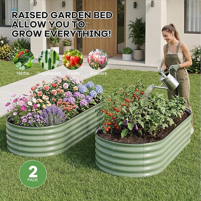 Galvanized Raised Garden Beds Outdoor, 6x3x1.4ft Oval Metal Raised Beds for Gardening, Rust-Resistant Garden Planter Box for Planting Vegetables, Flowers, Fruits in Lawn(Olive Green, 2 Packs)