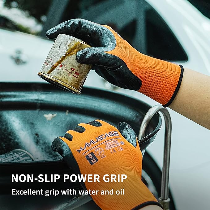MANUSAGE Safety Work Gloves - Protective Glove for Men & Women - Ultrathin Hand Protection - For Construction, Gardening, Landscaping - Orange - Size L - 12 Pairs