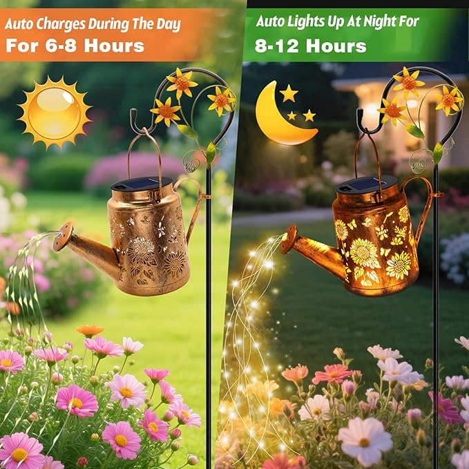VOOKRY Solar Lights Outdoor Waterproof, Sunflower Metal Solar Watering Can Lights, Gifts for Women Mom Mother's Day, Hanging Lantern Decorative Garden Decor Yard Light for Outside Patio Lawn Porch