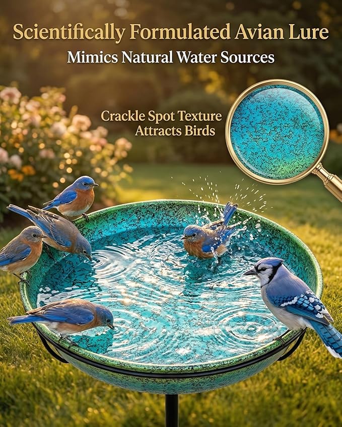 35" Metal Bird Bath for Outside Standing Metal Bird Bath Stake in Ground Iridescent Blue Green Birdbath with Scientifically Designed Color Lure for Birds 12" Detachable Bowl for Garden Patio Yard