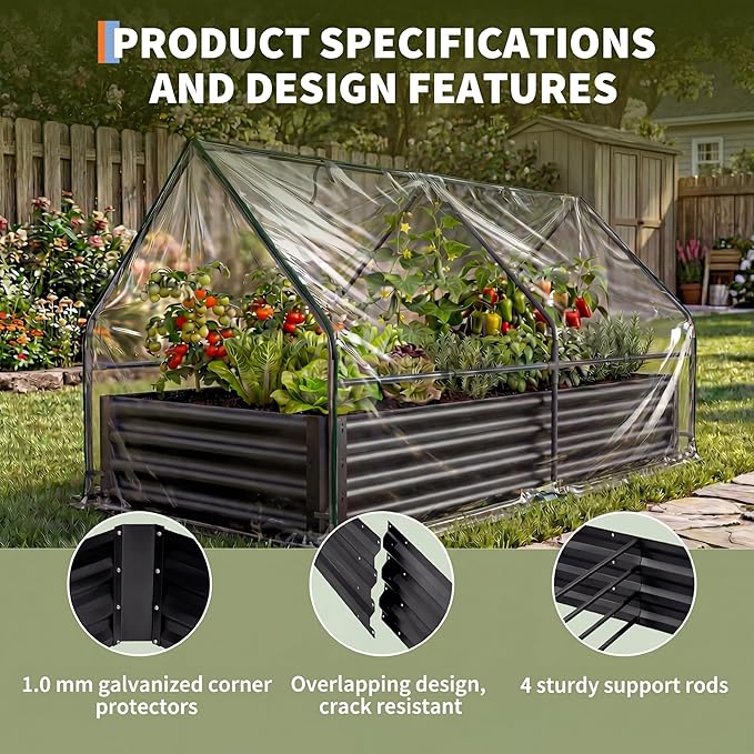 Raised Garden Bed with Cover, 8x4x1 Ft Raised Garden Beds Outdoor Galvanized Metal Planter Box with 2 Screen Windows, Mini Greenhouse for Vegetables and Flowers