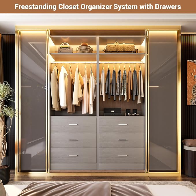 Besiost Freestanding Closet System with 3 Drawers,Wood Closet Organizer