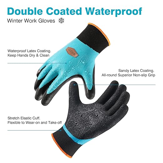 COOLJOB Waterproof Winter Freezer Gloves for Working Gardening Fishing Construction Worker, Double Coated Rubber for Warehouse Cold Refrigeration House, 1 Pair X-Large Blue
