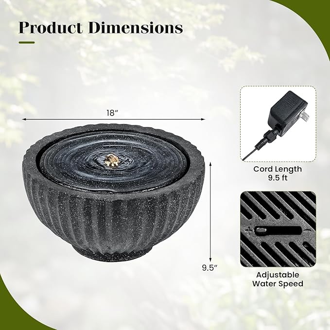 Giantex 18" Round Outdoor Water Fountain with 6 LED Lights, Stone Gray Resin Sphere Waterfall Feature with Adjustable Pump, Lighted Bubbling Fountain for Garden Patio Porch Decor (18" Dia. x 9.5" H)