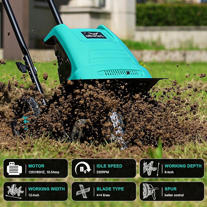 IncwBo Electric Rototiller Garden Tiller 12 Inch Tilling Width 8-Inch Electric Tiller 10.5 Amp Tiller Cultivator for Garden Yard