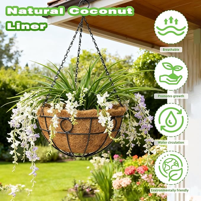 4 Pack 12 Inch Metal Outdoor Hanging Baskets Black Heavy Duty Hanging Planters with Coco Liners for Indoor Outdoor Plants Gardens Patios Terraces（Round）