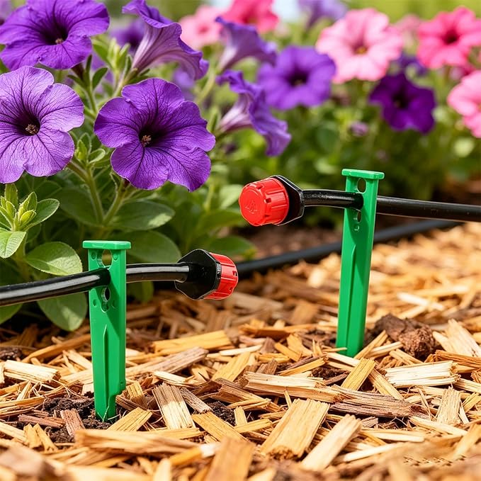 RedChili 100 Pack Irrigation Support Stakes for 1/4 Inch Drip Tubing, Heavy Duty Drip Tubing Hold Down Stakes 1/4" Drip Irrigation Tubing Fittings for Lawn Raised Bed Greenhouse Plant Watering System