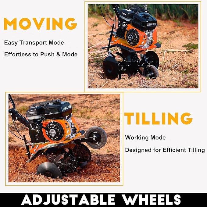 212cc 4-Cycle 7HP Gas Powered Tiller Cultivator - 22" Heavy-Duty Steel Tines Rototiller, Adjustable Wheels and Handle, Forward/Reverse for Plowing, Tilling, Weeding in Garden, Farm (Light Orange)
