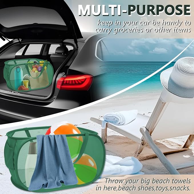 Collapsible Laundry Hamper Basket,Pop Up Mesh Foldable Bag for Laundry Room | folding horizontal laundry durable baskets with handles & side pocket travel for bathroom,Kids room,college dorm(Green)