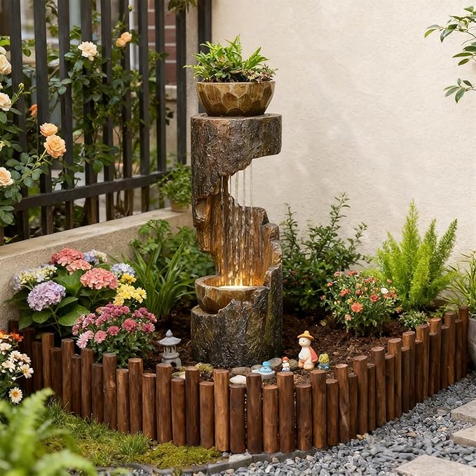 Sunlinua Outdoor Water Fountain with LED Light, Modern Spiral Tiered Outdoor Fountain with Stone Planter Curved Freestanding Waterfall Fountains for Garden Patio Deck Porch