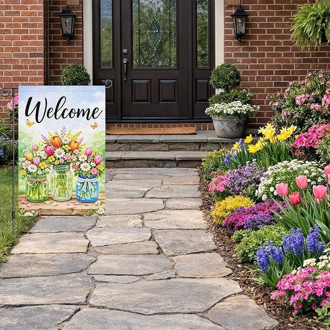 Heyfibro Spring Welcome Garden Flag 12x18 Inch Double Sided Butterfly Florals Garden Flag Small Yard Flags for Outside House Farmhouse Seasonal Spring Outdoor Decorations