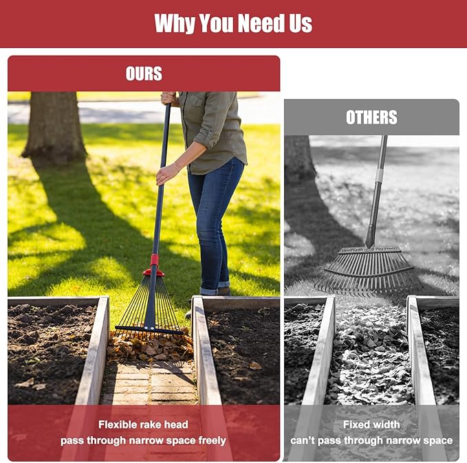 Garden Rake for Leaves: 55 Inch Adjustable Long Handle 18 Metal Tines with 8-17" Expandable Head Heavy Duty Metal Rake for Lawns Leaves Yard Grass Camping Debris