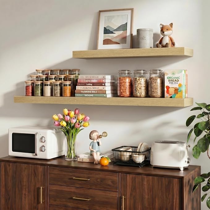 Vivelove 30 Inch Floating Shelves Wall Mounted for Display, 6.5 Deep Duty Shelves with Invisible Brackets for Living Room,Bedroom,Kitchen, Bathroom Storage & Decor,30" Wx6.5 Dx1.4 H - Oak