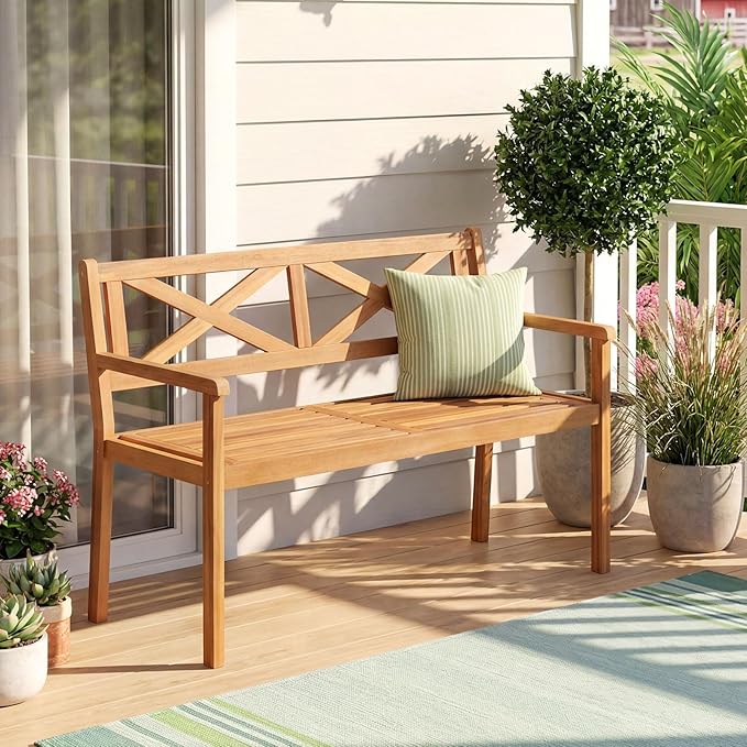 Tangkula Acacia Wood Outdoor Loveseat Bench, 2-Person Patio Garden Bench with Armrests & Backrest, Slatted Wooden Outside Seating Furniture for Backyard, Porch, Deck (X-Shaped Backrest)