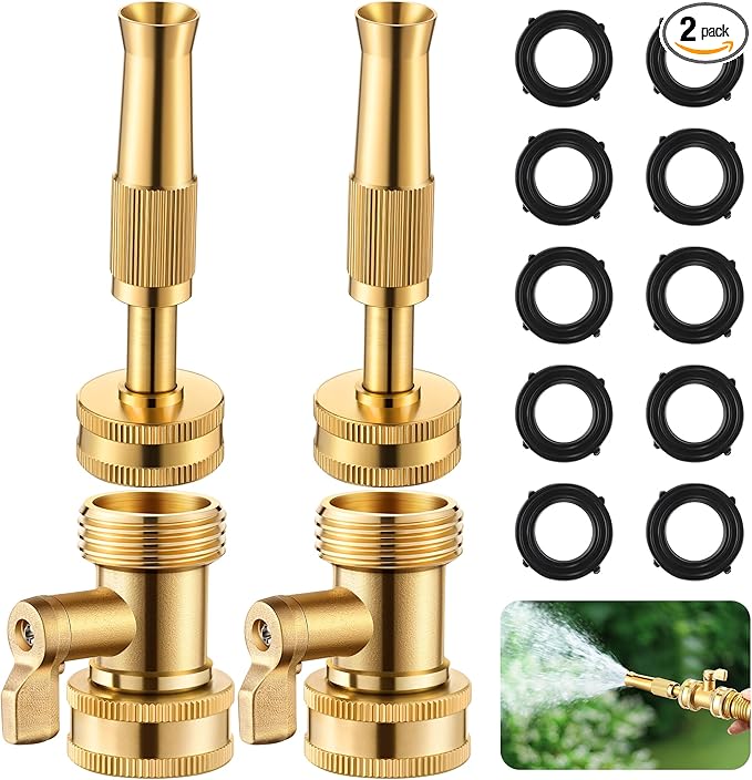 4 Pcs Garden Hose Nozzle Kit, 4" Brass Adjustable Twist Nozzle, Brass Hose Shut Off Valve with 10 Rubber Washers, Heavy Duty High Pressure Nozzle 3/4" GHT Connector for Garden Sprinkler