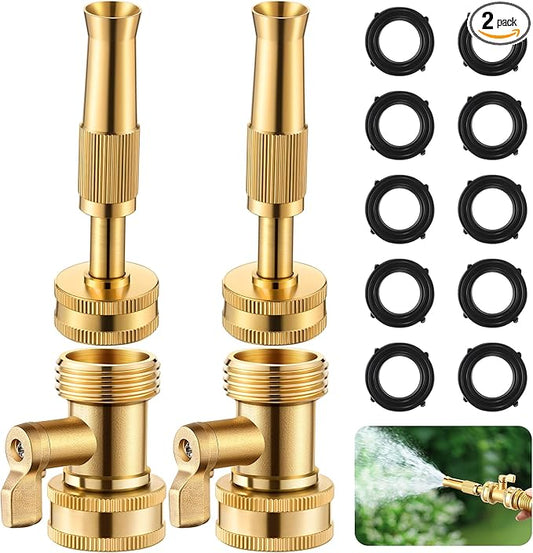 4 Pcs Garden Hose Nozzle Kit, 4" Brass Adjustable Twist Nozzle, Brass Hose Shut Off Valve with 10 Rubber Washers, Heavy Duty High Pressure Nozzle 3/4" GHT Connector for Garden Sprinkler