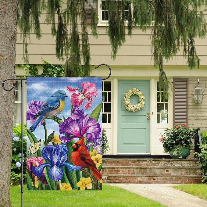 Louise Maelys Welcome Spring Summer Garden Flag 12x18 Double Sided Vertical, Burlap Small Cardinal Birds Irises Floral Yard House Outside Outdoor Seasonal Holiday Decoration