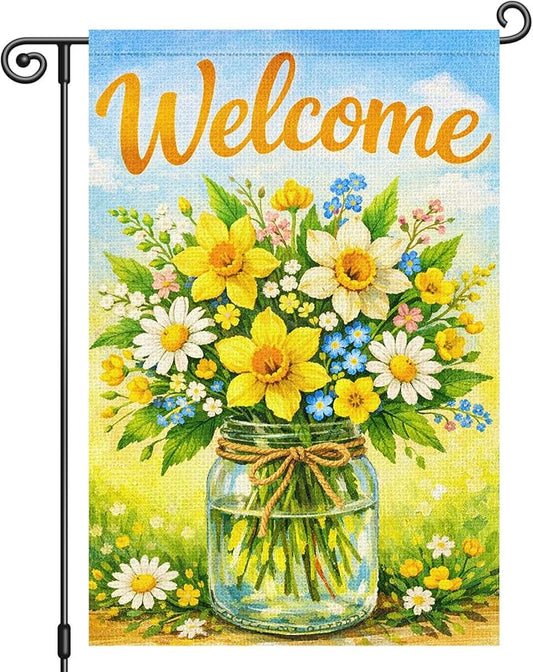 Heyfibro Hello Spring Garden Flag 12x18 Inch Double Sided Butterfly Floral Jar Garden Flag Small Yard Flags for Outside House Farmhouse Seasonal Spring Outdoor Decorations