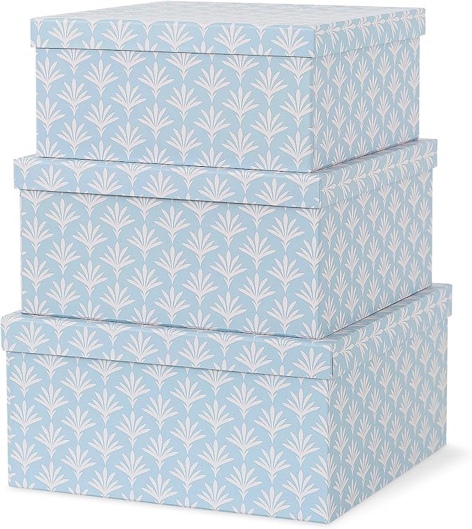 Soul & Lane - Square 11x11 Decorative Boxes with Lids, Set of 3, Deco Sky | Nesting Cardboard Storage Containers for Home Decor and Organizing, Cute Pretty Light Blue Keepsake and Memory Boxes