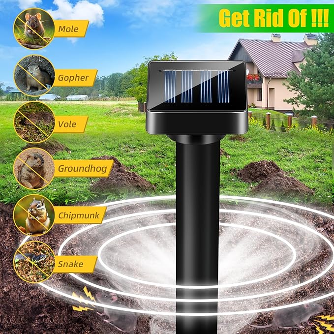 8 Pack Mole Repellent Ultrasonic Solar Powered Sonic Mole Spikes Outdoor Snake Repellent for Yard Vole Chipmunk Groundhog Gopher Repeller Waterproof Rodent Deterrent for Yard Lawn Garden Farmland
