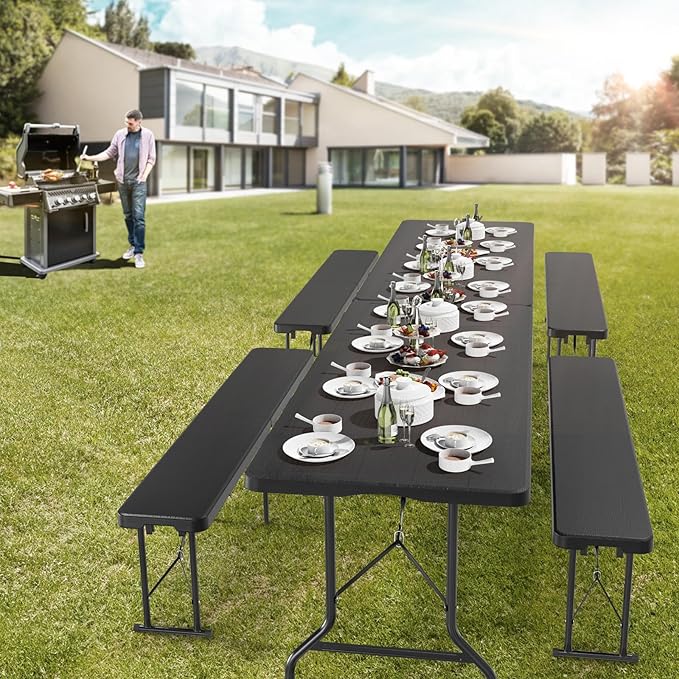 VINGLI 6 feet Plastic Folding Bench,Portable in/Outdoor Picnic Party Camping Dining Seat, Garden Soccer Multipurpose Entertaining Activities, Smooth HDPE Tabletop (1, Black, 6ft)