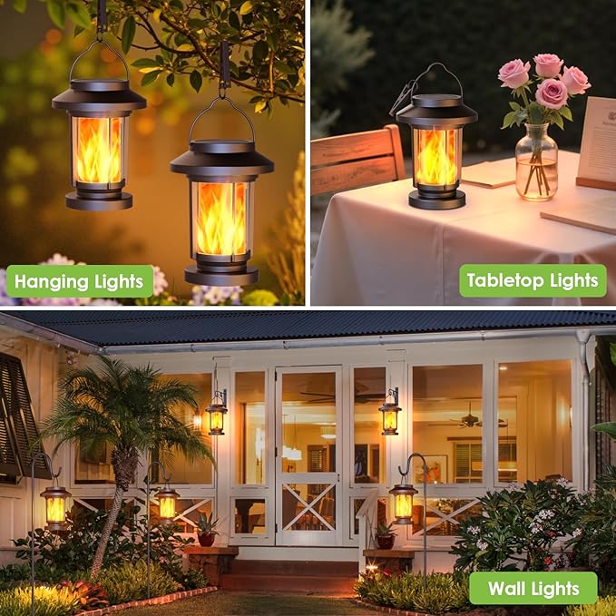 Greluna Solar Lantern Outdoor, Flickering Flameless Solar Lights Hanging Lantern, Waterproof Auto On/Off Decorative Solar Garden Lights for Patio Yard Porch Pathway Camping Decor 2 Pack