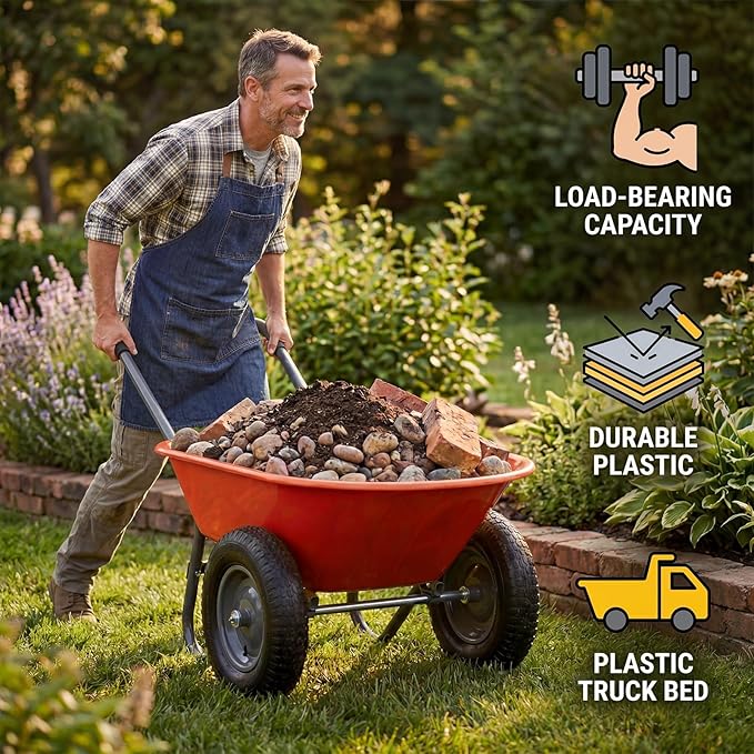 Garden Wheelbarrow Cart, Heavy Duty Utility Cart with Dual Wheels and Built-in Stand, Iron and Plastic Yard Cart for Home, Lawn and Garden