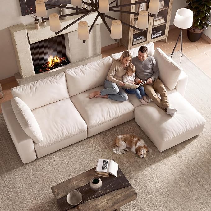 110'' Cloud Sectional Couch with Washable Cover, Oversized L-Shaped Sectional Couch with Throw Pillow and Storage Ottoman, Deep Seat Modular Sectional Sofa for Living Room, 3Seater, Off-White